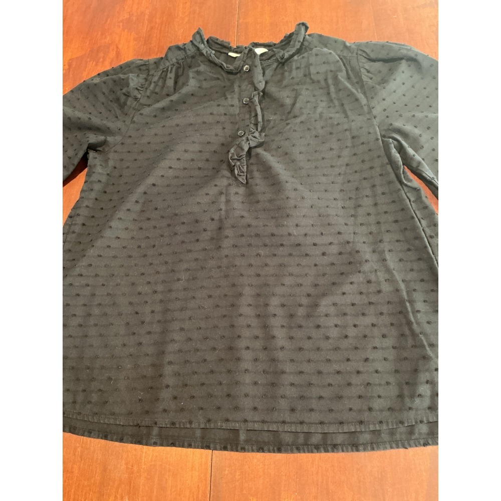 HM Black Swiss Dot Ruffle Neck Blouse Long Sleeve Cotton Top XS O/N 548247